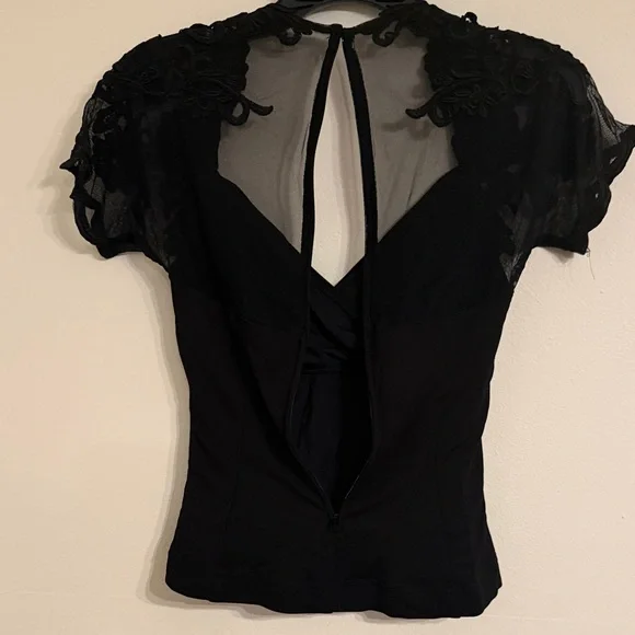 Vintage Cache Slimming top Black Sheer Lace tops Cache Evening blouse M - Picture 3 of 7